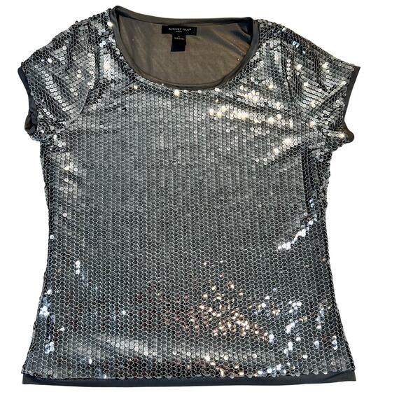 August Silk Knits Silver Sequin Scoop Neck Short Sleeve Top Woman's L - Picture 3 of 14
